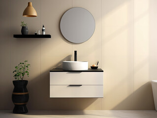 Realistic interior mockup bathroom ceramic sink basin or wash basin with mirror and faucet. modern minimal design. Generative AI