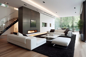 big modern living room open concept style high ceilings and good natural light