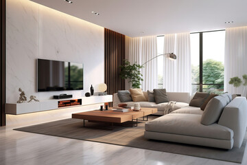 Naklejka na ściany i meble modern living room with high ceilings and marble wall