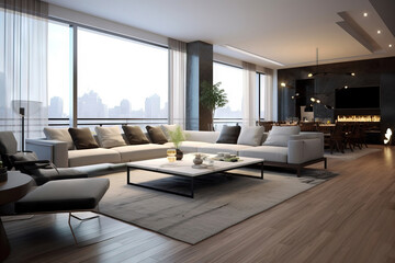 big modern living room with a city view and high ceilings, and a fireplace