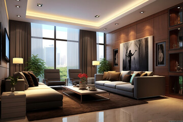 big modern living room with high ceilings and a neutral beige color palette.