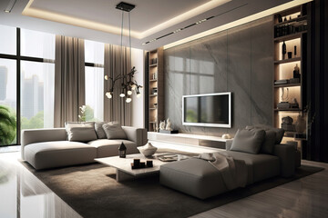 big modern living room with marble walls and a neutral color palette.