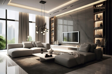 big modern living room with marble walls and a neutral color palette.