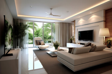 Naklejka na ściany i meble big modern living room with white couches and high ceilings