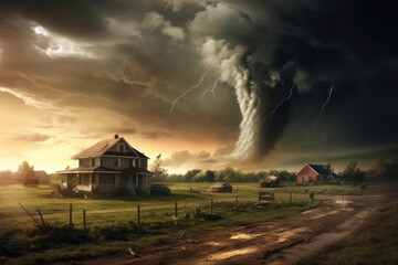 Naklejka na ściany i meble Tornado forming destruction over a populated landscape with a house on it's way
