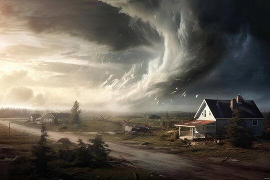 Tornado forming destruction over a populated landscape with a house on it's way