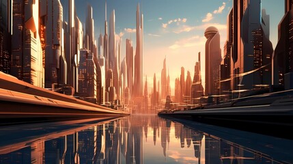 Fototapeta premium Awe-Inspiring Futuristic City at Dusk: Showcasing Advanced Technology Generative AI