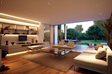 big modern open concept living room with high ceilings and a view to the backyard.