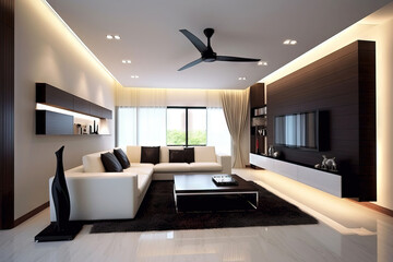 modern living room with a ceilings fan