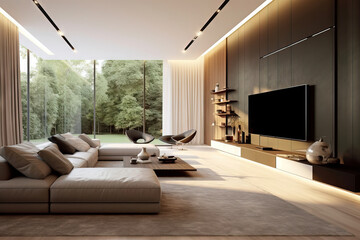 big modern living room with low furniture and wooden walls
