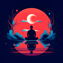 Silhouette of a meditating person doing yoga with red sunset background