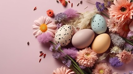 Obraz premium Top View of Happy Easter Day concept design of colorful eggs and flowers on pastel background