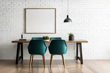 Blank poster frame mockup in the brick wall isolated on modern dining room