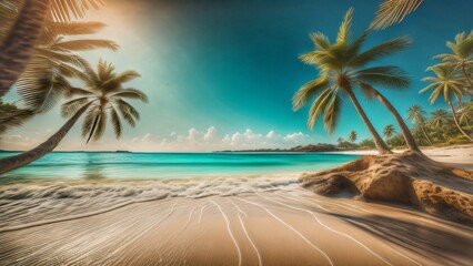 Fototapeta na wymiar Escape to Paradise: Idyllic Tropical Beach with Towering Palm Trees