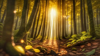 Enchanting Forest: Rays of Sunlight Peeking Through the Trees