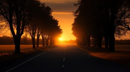 Naklejka na ściany i meble An Empty Road Bathed in the Warm Glow of Sunset, Flanked by Silhouetted Trees