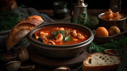 Close-up Cioppino soup with clam meat on a black plate and blur background