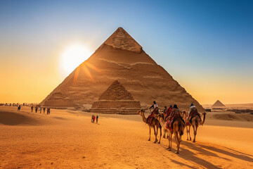 석양의 피라미드와 낙타 사진. 인공지능 생성 - obrazy, fototapety, plakaty