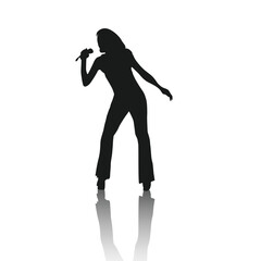 silhouette of a singer standing holding a mic, stylish, shouting and singing a song, musician, band, singing