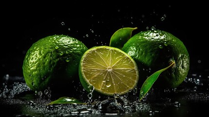 Fototapeta na wymiar Close-up fresh lime hit by splashes of water with black blur background