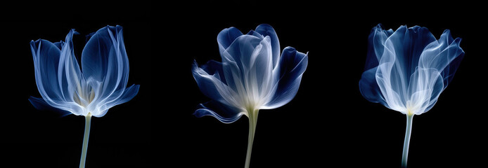 Set of realistic illustrations of flower in x-rays. Blue petal on dark background. Horizontal banner with space for text. Concept of checking health, wellness, growing plants, botany. Generative AI - obrazy, fototapety, plakaty
