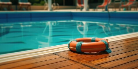 Obraz premium empty wooden, pebble, marmer, marble table blurred pool water
