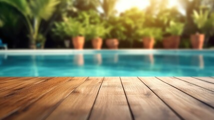 empty wooden table pool water