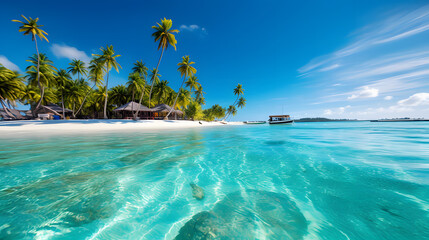 Fototapeta premium Beach with palm trees on the south pacific island of Maldives