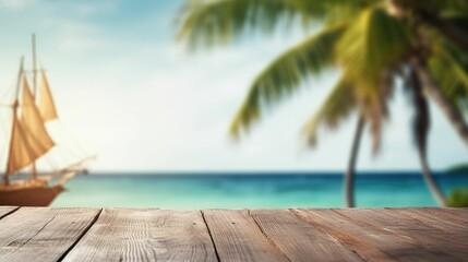 Obraz premium empty wooden table, marmer table blurred beach