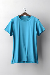 A blue t-shirt hanging on a hanger. Generative AI. Tshirt mockup, copy space.