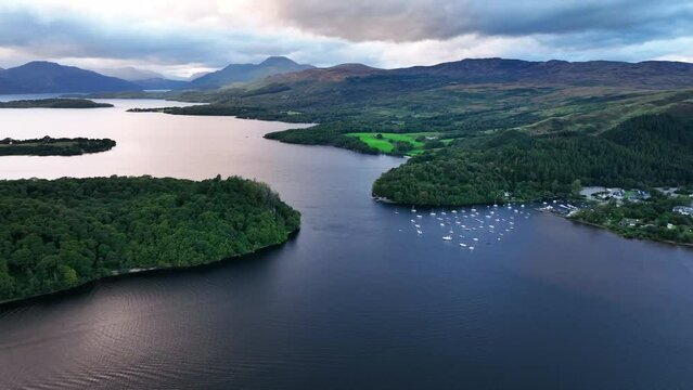 Aerial View of Majestic Ben Lomond on Loch Lomond Flying Into Balmaha Marina, Scottish Highlands, Scotland