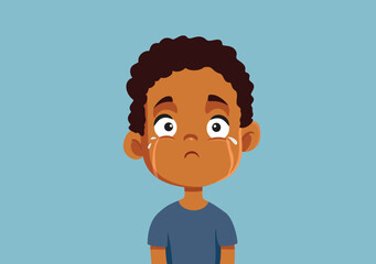 Sad Unhappy Boy of African Ethnicity Feeling Depressed Vector Illustration. Upset child feeling discriminated and victim of prejudice 
