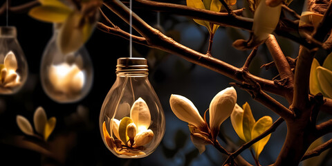 Light bulbs and houseplants, environment theme, generative AI