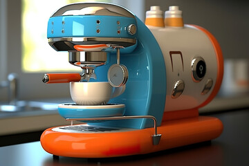 A blue and orange coffee machine sitting on a counter. Generative AI.