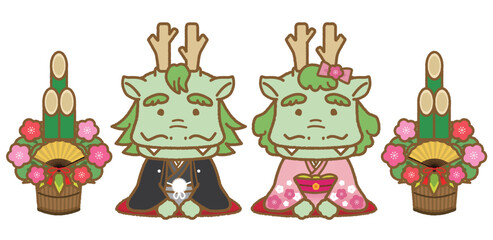 イラスト素材：着物姿のかわいい干支シリーズ　辰年カップルと正月飾りの門松　龍/男女/主線あり
