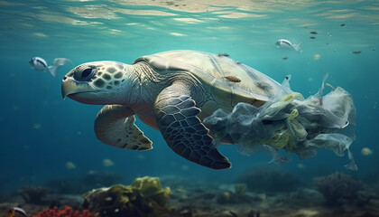 Fototapeta premium Witness the alarming sight of a heavily polluted sea, marred by the presence of polythene waste, posing a grave threat to the delicate underwater ecosystem.