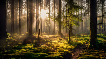 Fototapeta na wymiar sun rays in the green forest