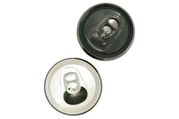 An overhead shot of two aluminum cans on a white background. Both cans are opened, but their contents are not visible. Perfect for showcasing beer or energy drinks