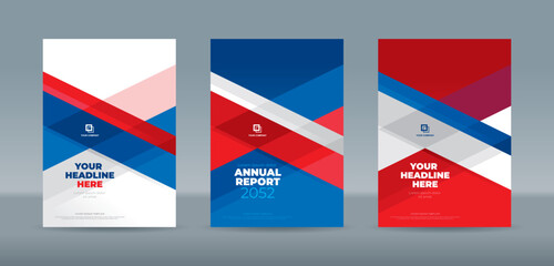 Abstract random transparent rectangle on white red and blue background. A4 size book cover template for annual report, magazine, booklet, proposal, portfolio, brochure, poster