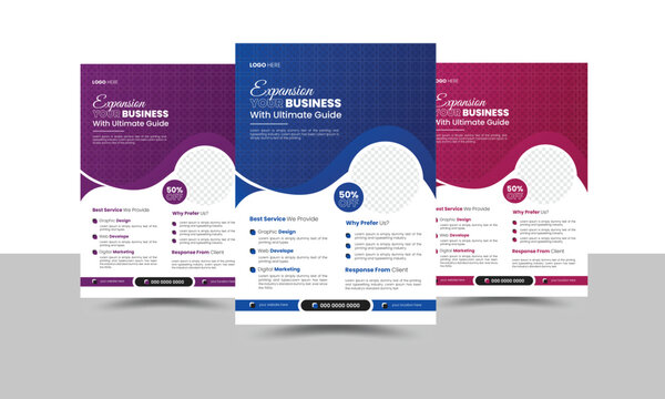 Creative business flyer template design set with pink, blue, and violet colors variation. organic shape modern creative unique idea cover brochure a4 size half page flyer background for company	
