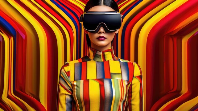 Fototapeta Young female model wearing VR posing with trendy fashion outfit and colorful optical art abstract background. Picturesque generative AI