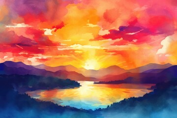 Fototapeta na wymiar Vibrant sunset over dreamy watercolor landscape, surrealism. Generative AI