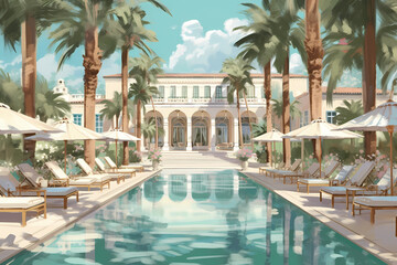 Obraz na płótnie Canvas Luxurious Poolside Oasis: Elegance and Relaxation in a Dreamy Illustration