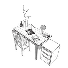 Empty Workplace wireframe, Desk Chair Computer Workspace Office No People. Office workplace flat design. Creative workplace modern open space empty nobody office interior contemporary. 3D.