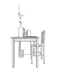 Empty Workplace wireframe, Desk Chair Computer Workspace Office No People. Office workplace flat design. Creative workplace modern open space empty nobody office interior contemporary. 3D.