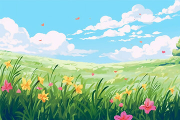 봄의 들판, 초원 배경. 인공지능 생성