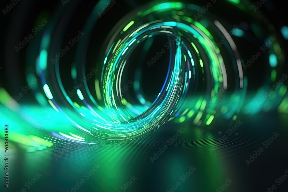 Wall mural abstract futuristic background with green glowing neon moving high speed wave lines and bokeh lights
