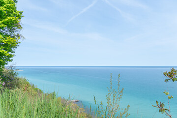 Panoramic view at lake Ontario from Rosetta McClain Gardens. Peaceful and scenic retreat of the Scarborough Bluffs, stunning panoramic look. Popular destination for nature enthusiasts.