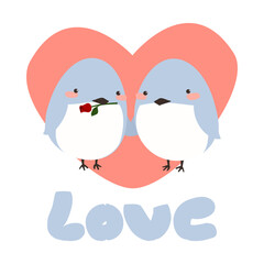 Vector illustration of cute lovebirds in heart, light blue and coral, white background