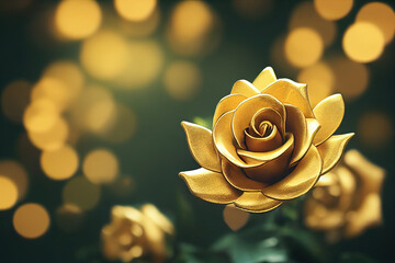 Blossom golden rose bouquet with glossy shiny metallic texture in garden during springtime background. Ravishing luxurious flower design illustration by Generative AI.